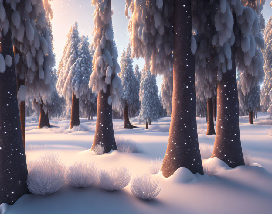 Snow-covered trees in serene winter landscape at sunrise or sunset