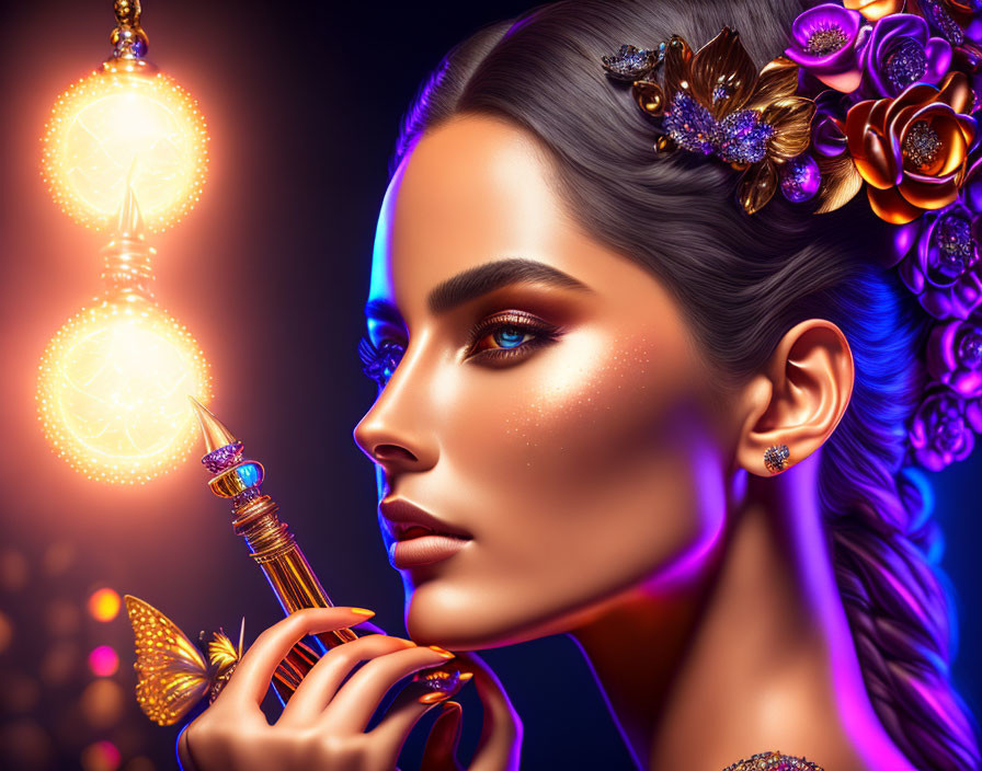 Digital Artwork: Woman with Glowing Makeup and Ornate Staff