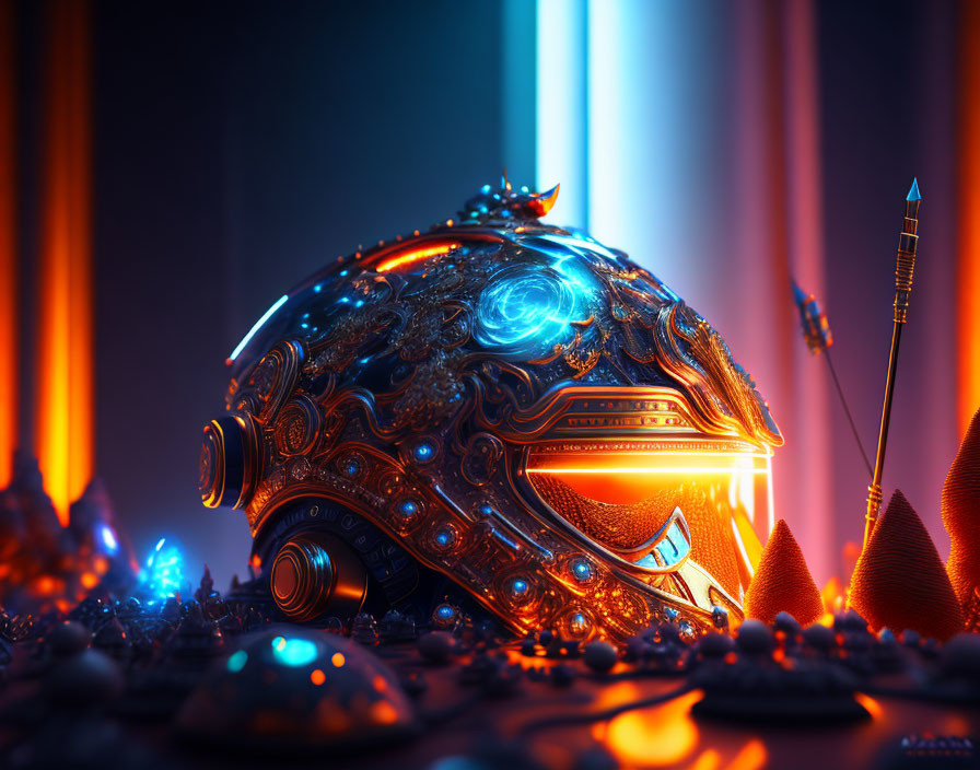 Futuristic helmet with glowing elements, surrounded by arrows and artifacts in neon lights