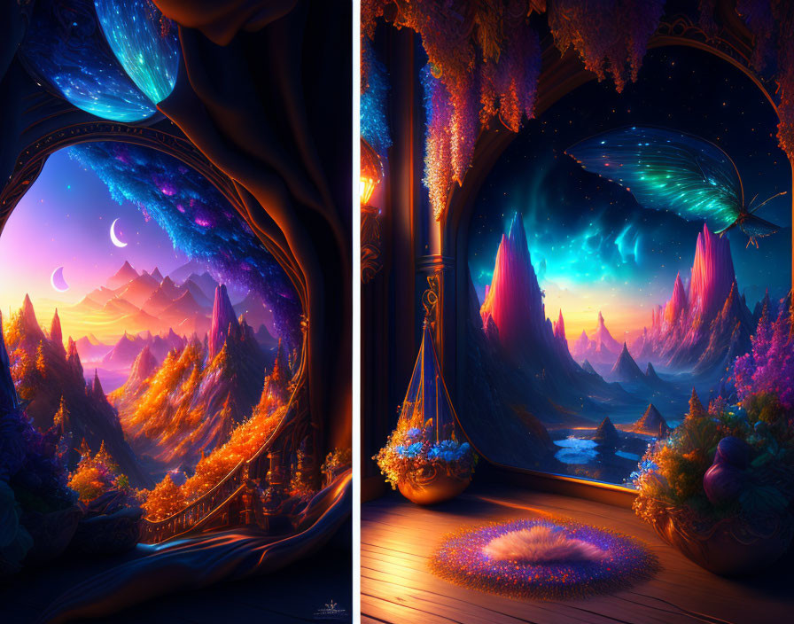 Fantasy landscape with glowing trees and northern lights visible through round window