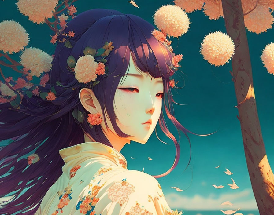 Illustration of girl with blue hair in blooming tree setting