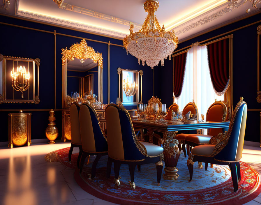 Luxurious Dining Room with Grand Table, Plush Chairs, Golden Accents, Ornate Chandelier