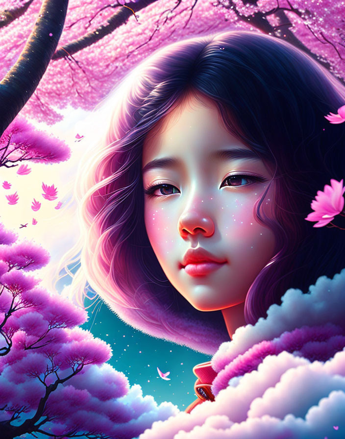 Digital artwork: Girl with radiant skin & purple hair among pink cherry blossoms on starry sky.