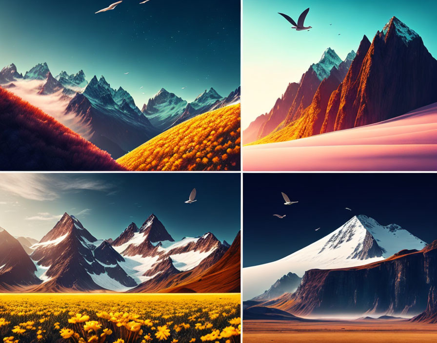 Surreal landscapes with mountains, colors, birds, warm fields, and cold peaks