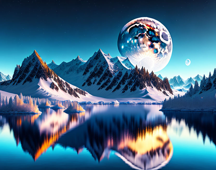 Snow-covered mountains, calm lake, oversized moon in surreal winter landscape