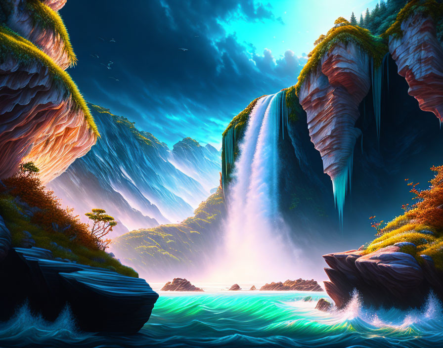 Vibrant waterfall cascading into emerald sea in fantastical landscape