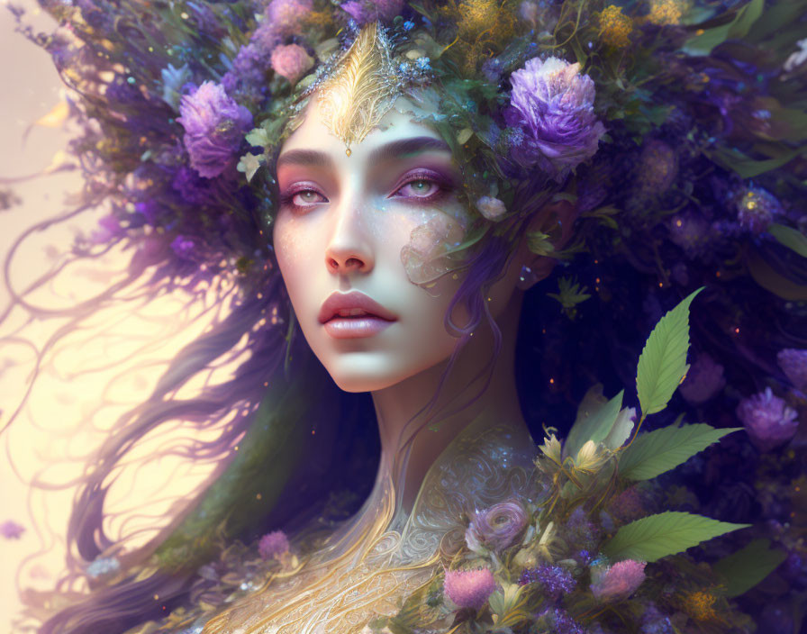 Ethereal female figure with violet flower crown in soft light
