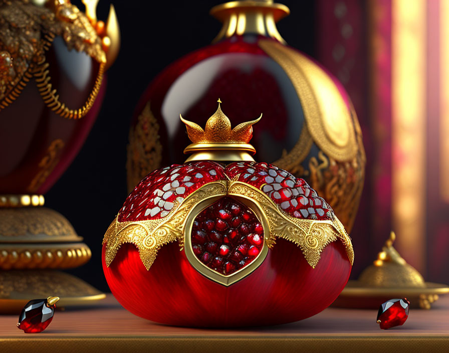 Luxurious Pomegranate-Themed Ornamental Bottle with Gold Accents