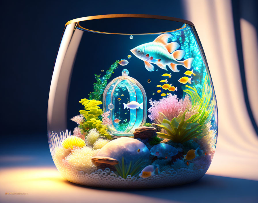 Vibrant fish, coral, and plants in a round aquarium illustration