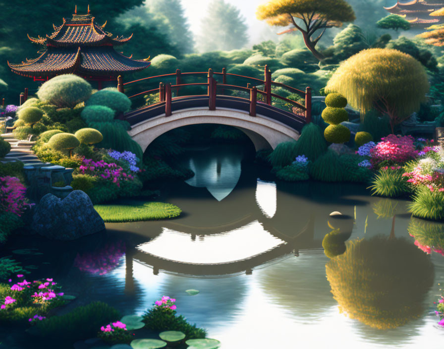 Serene garden with arched bridge, calm pond, lush greenery, flowers, and pagoda