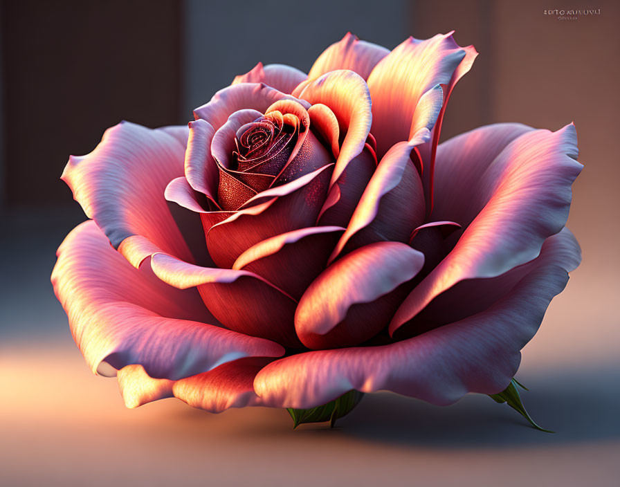 Detailed image: Pink and orange rose with intricate petals and soft lighting.