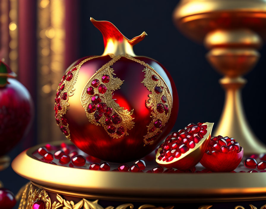 Luxurious Red and Gold Pomegranate Decoration with Detailed Ornaments