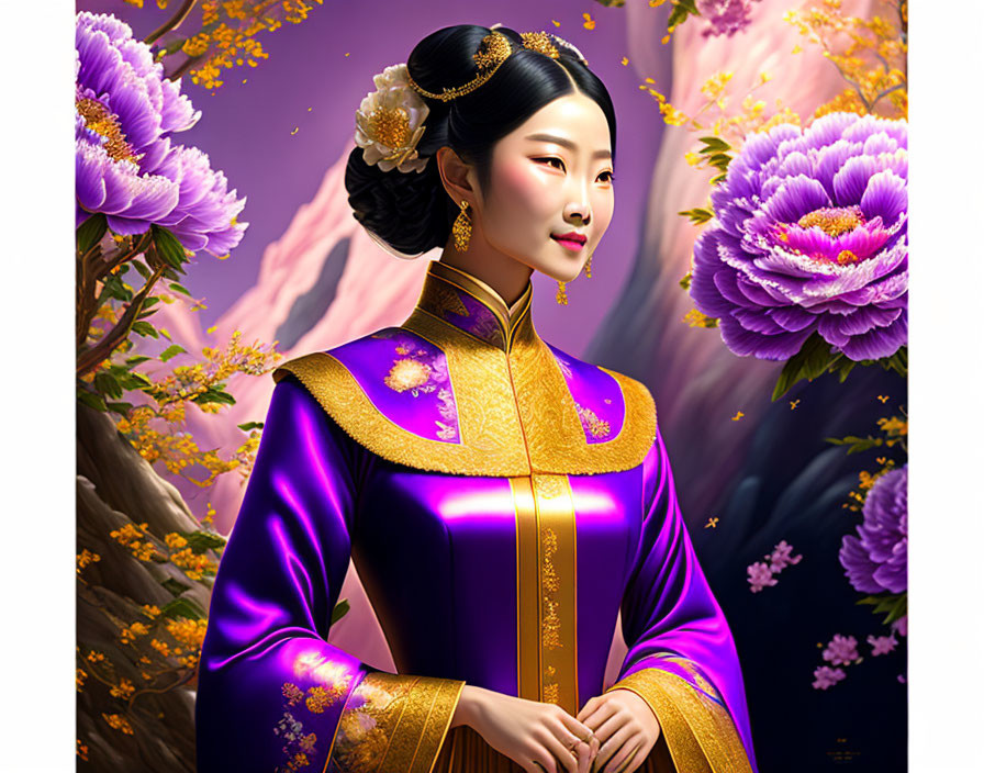 Traditional Purple and Gold Asian Dress with Mountainous Landscape