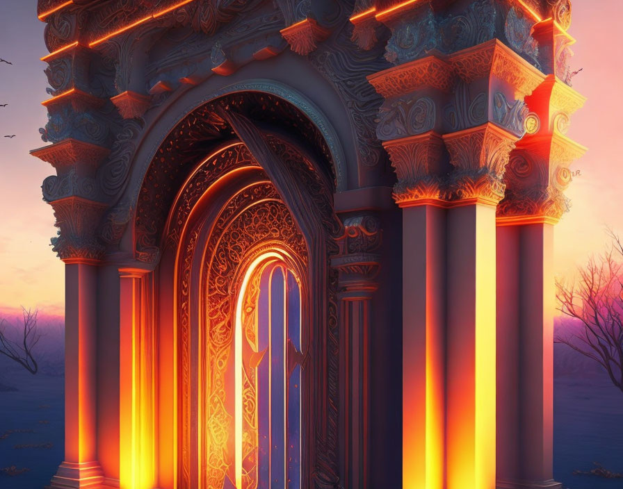 Colorful fantasy temple illustration at twilight with glowing orange and blue hues.