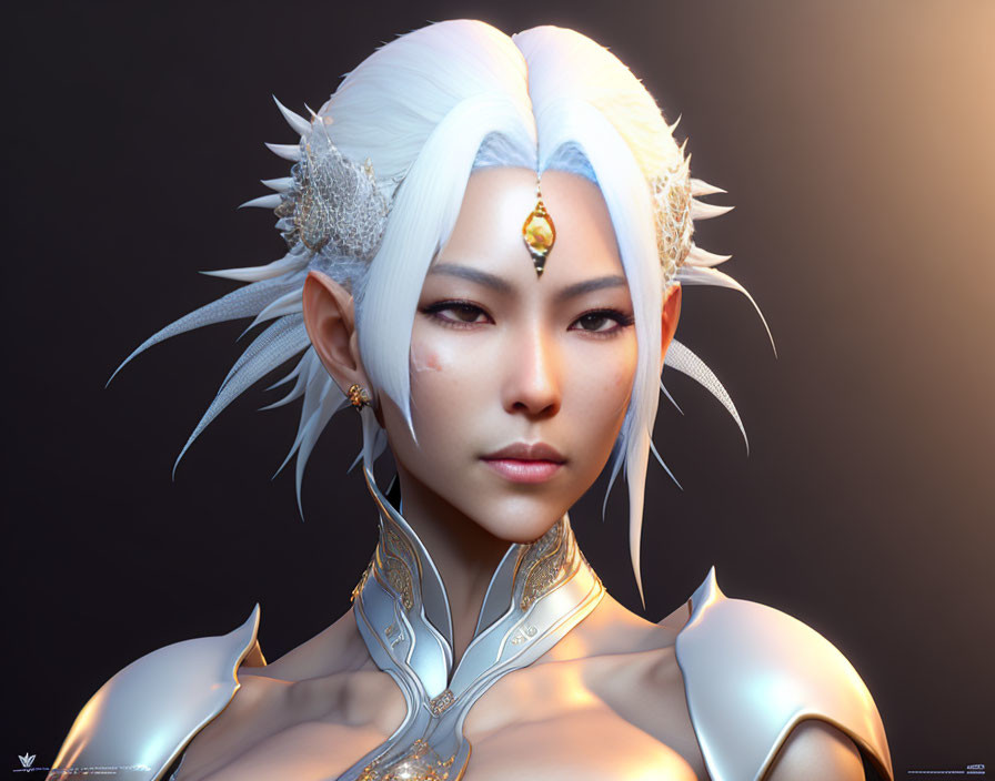 Pale-skinned woman with white hair and golden headpiece and armor in digital portrait against dark background