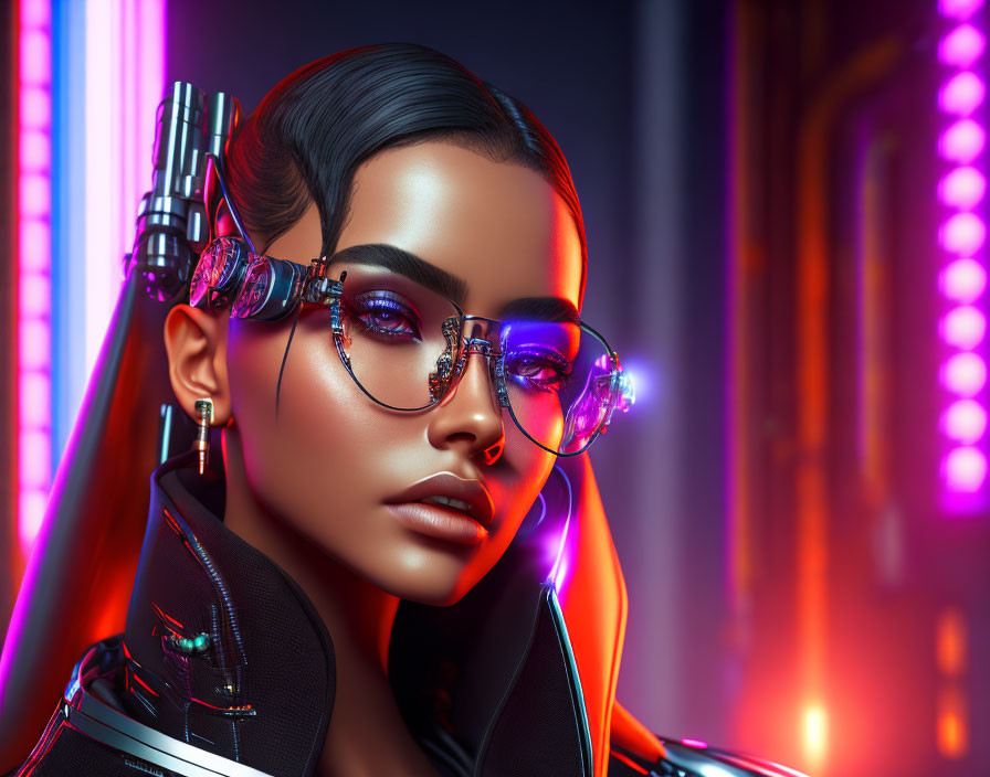 Futuristic woman with cyborg enhancements and neon lights