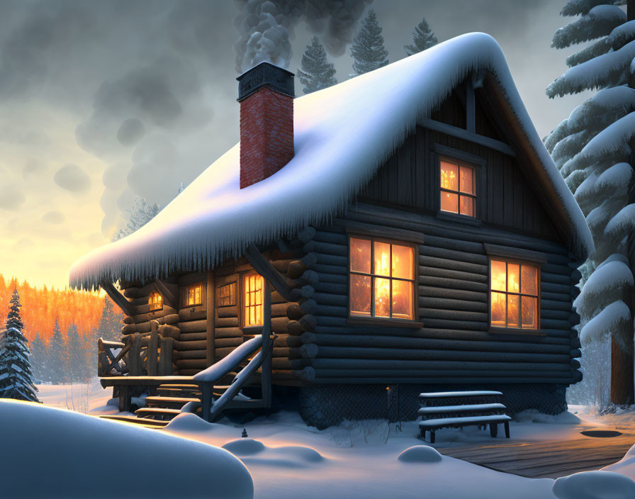 Snowy landscape: Cozy log cabin with glowing windows nestled among pine trees at dusk