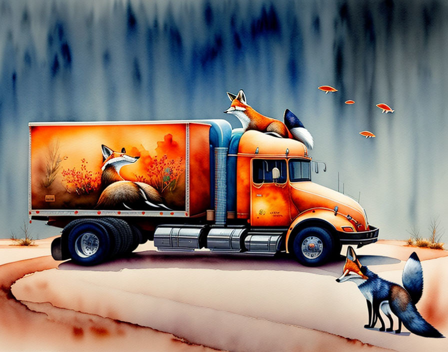 Illustrated orange truck with fox-themed artwork in snowy landscape with foxes and birds.