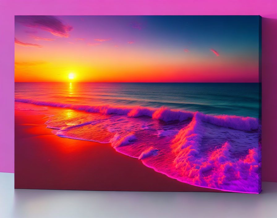 Colorful Beach Sunset with Pink and Blue Hues Reflecting on Sea Waves