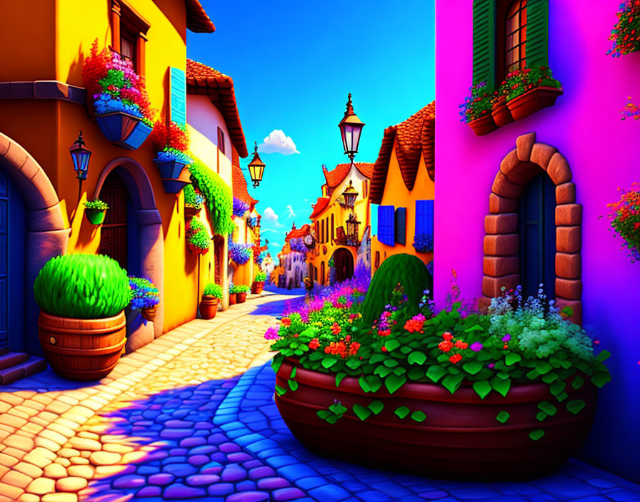 Colorful cobblestone street with whimsical houses, lush greenery, and blooming flowers under