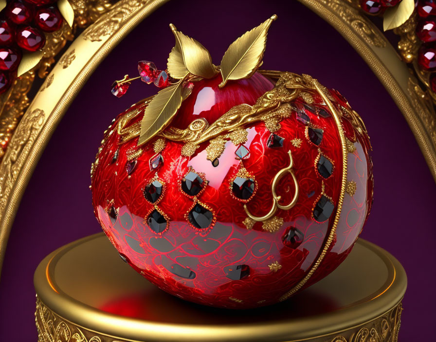 Luxurious ornate golden apple with precious stones on purple background