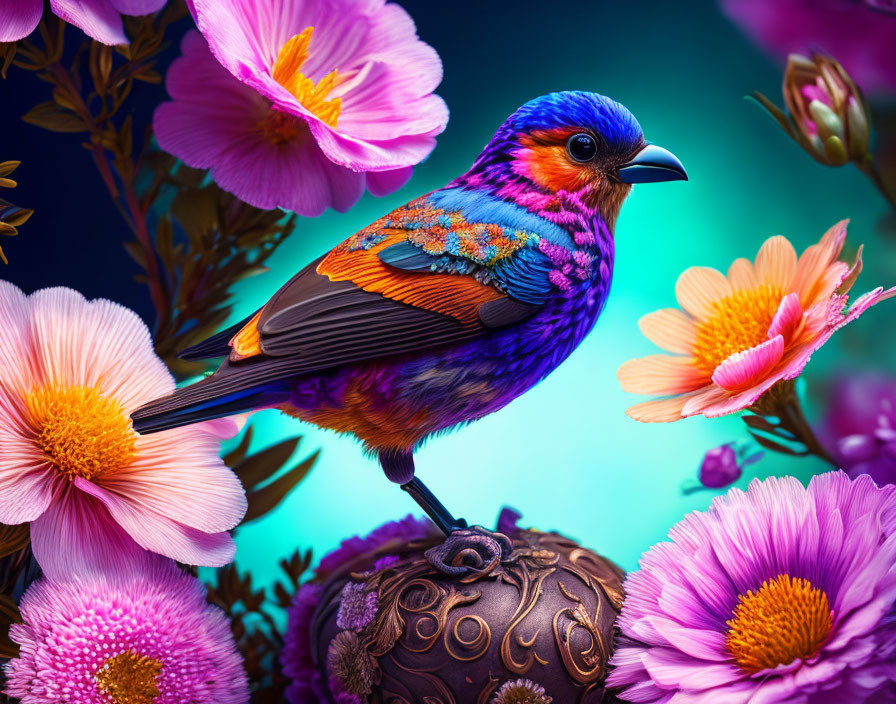 Colorful Bird Perched on Decorated Sphere Among Pink Flowers