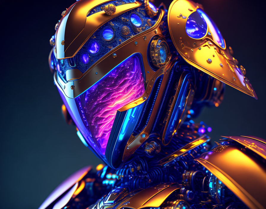 Detailed Futuristic Robot with Golden and Blue Visor Helmet in Purple Lighting