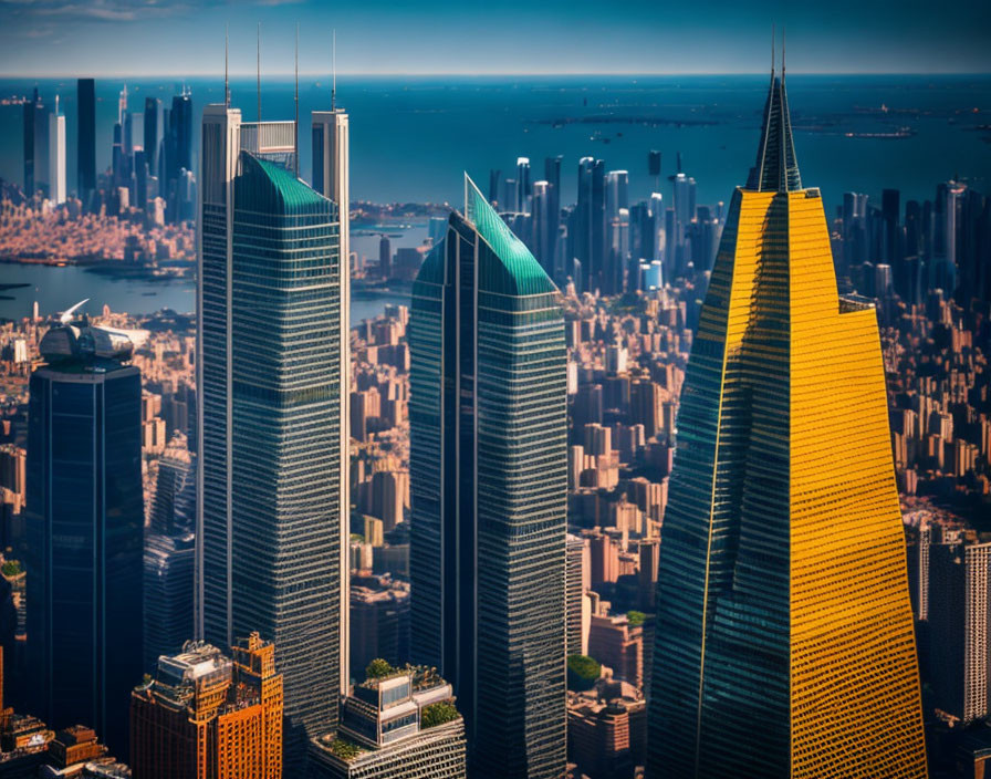 Modern skyscrapers in cityscape overlooking distant shoreline