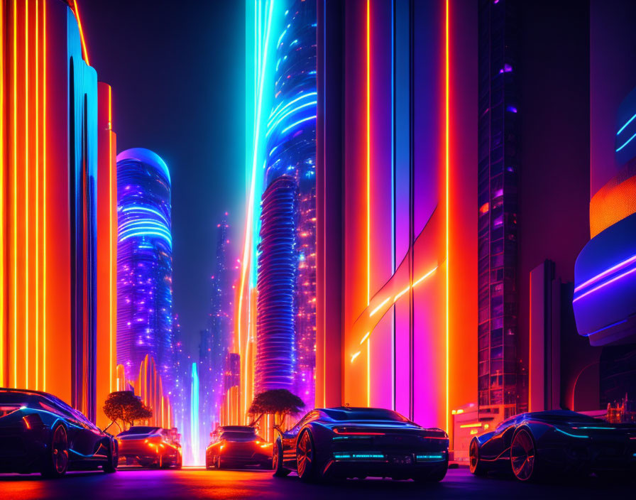 Futuristic neon-lit cityscape with sleek cars and illuminated skyscrapers