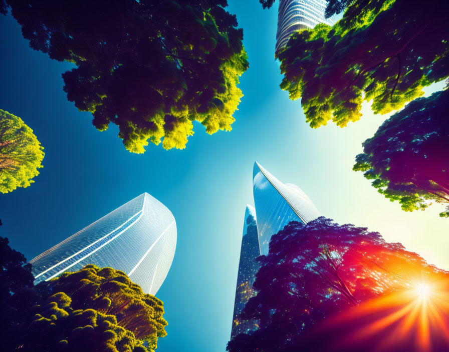 Skyscrapers towering over treetops under clear blue sky with sun flare