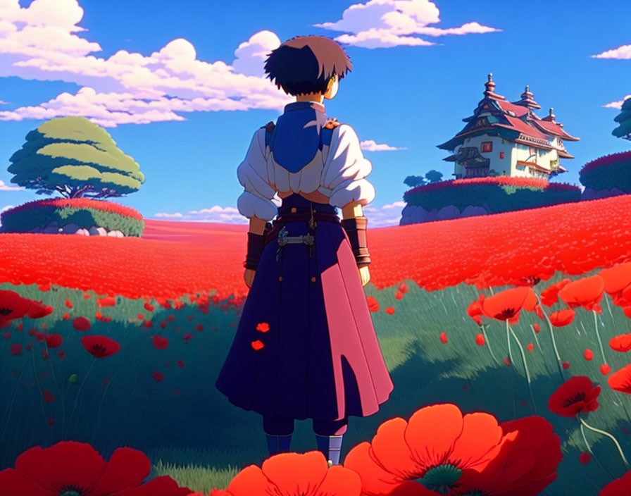 Medieval-themed animated character in field of red flowers with Asian-inspired building under blue sky