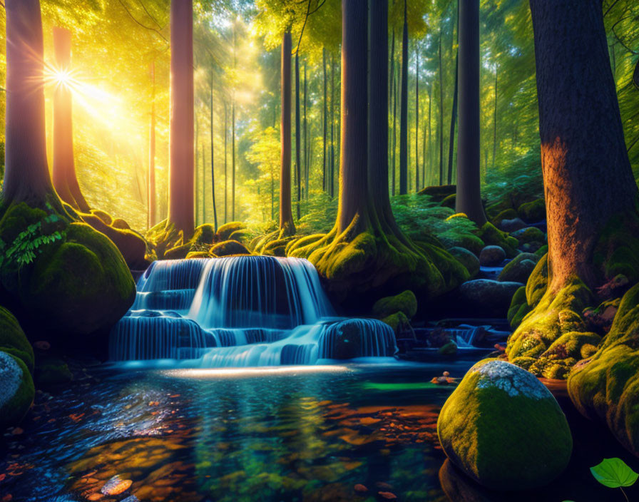 Tranquil forest scene with sunlight, waterfall, moss, rocks