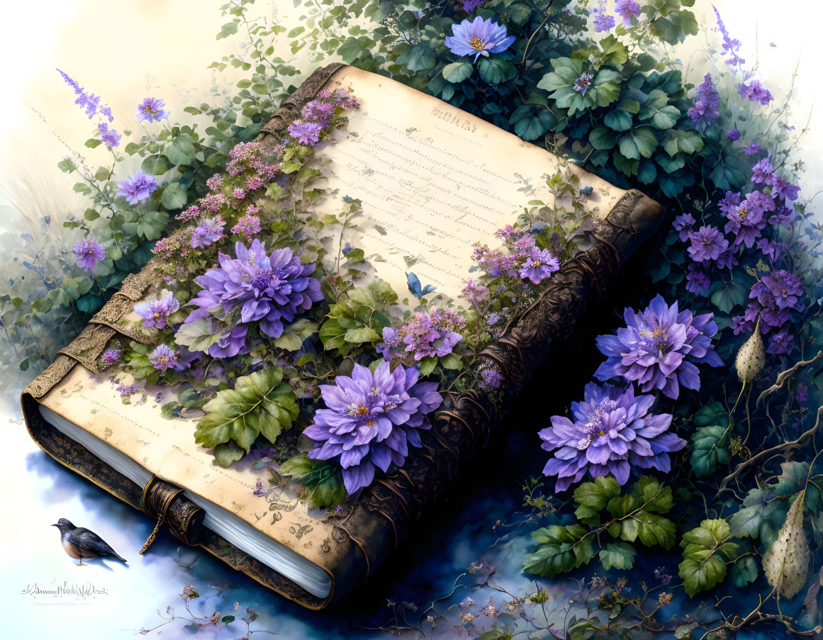 Illustration of open book with purple flowers, green foliage, and bird in dreamy setting