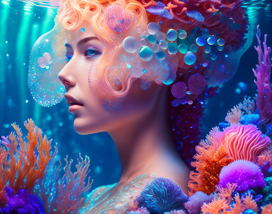 Surreal portrait of woman with coral and bubbles in hair, deep sea background