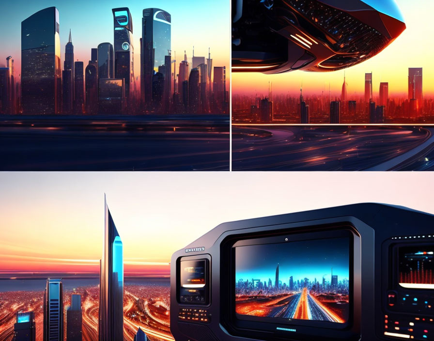 Futuristic cityscape at sunset with sleek skyscrapers and flying vehicles