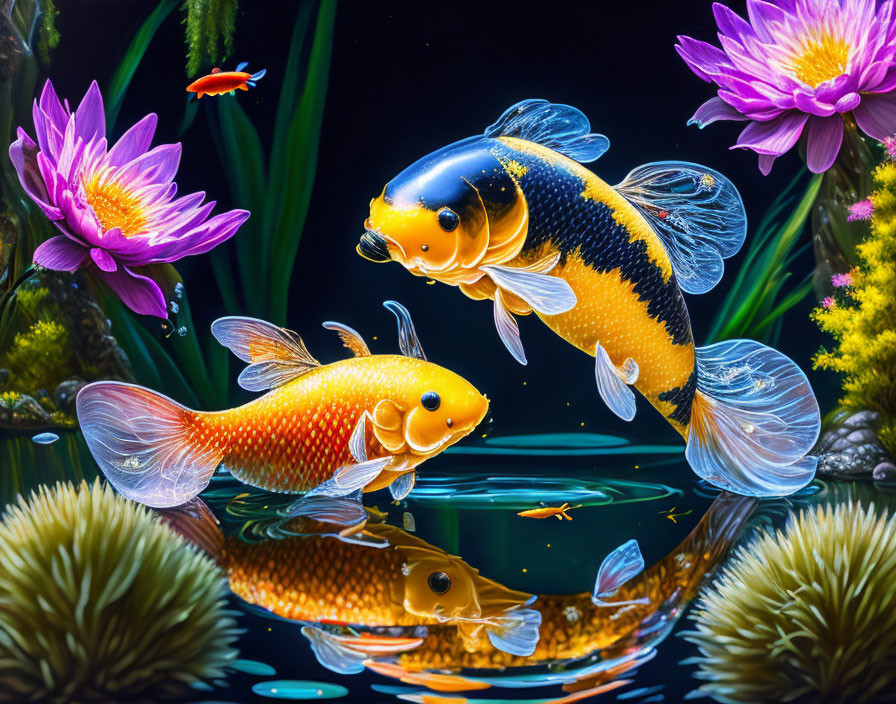 Colorful koi fish swimming with vibrant flowers in clear water