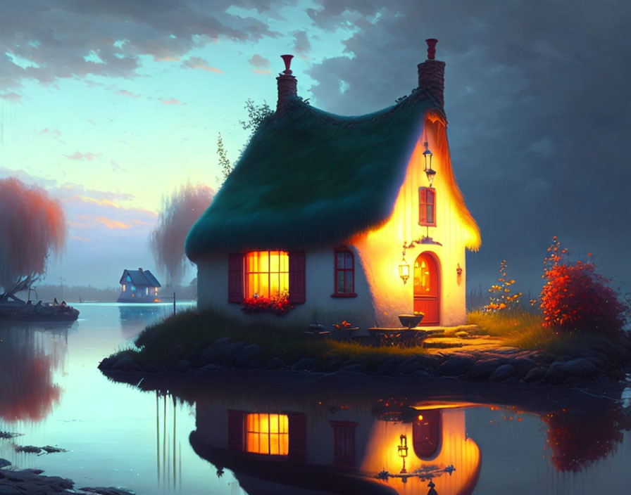 Cozy cottage with green roof near tranquil lake at twilight