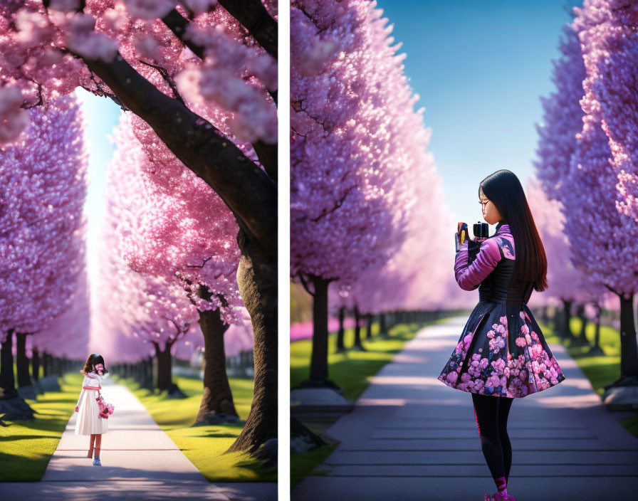 Woman capturing mirror image in cherry blossoms scene