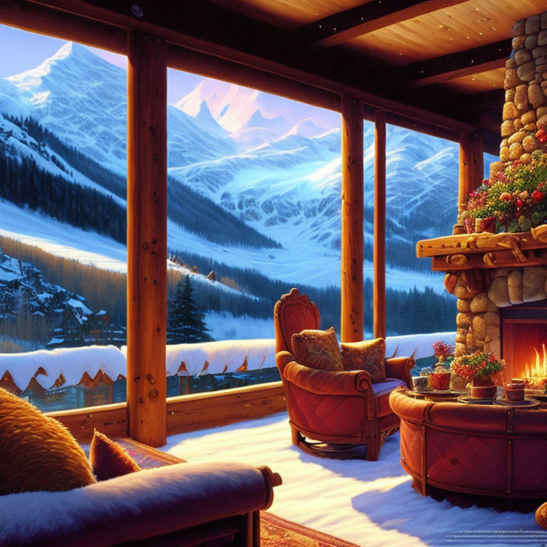 Cozy Mountain Cabin Interior with Warm Fireplace and Snowy Peak View