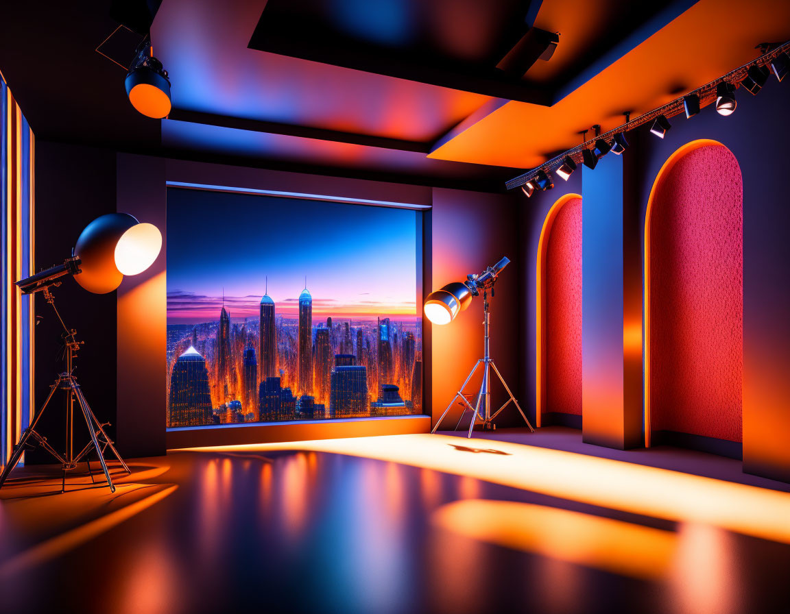 Contemporary photo studio with cityscape backdrop, vibrant lighting, spotlights, arched wall cutouts