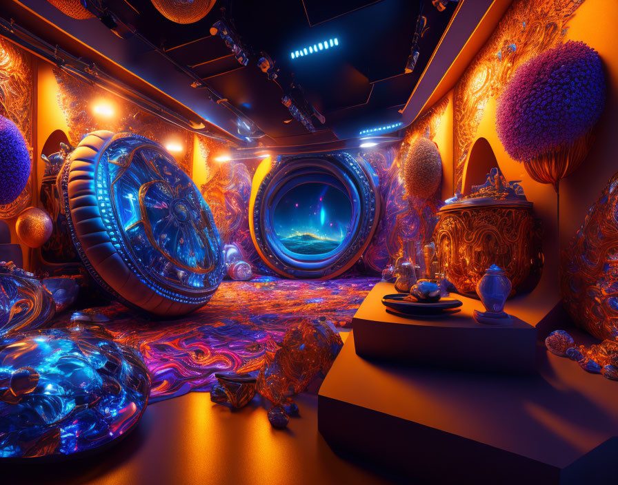 Futuristic interior with glowing blue and orange hues and spherical gateways