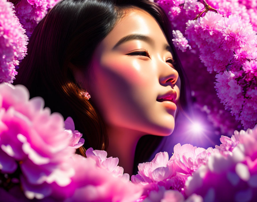 Close-up portrait of young woman with sun-kissed cheeks among pink cherry blossoms