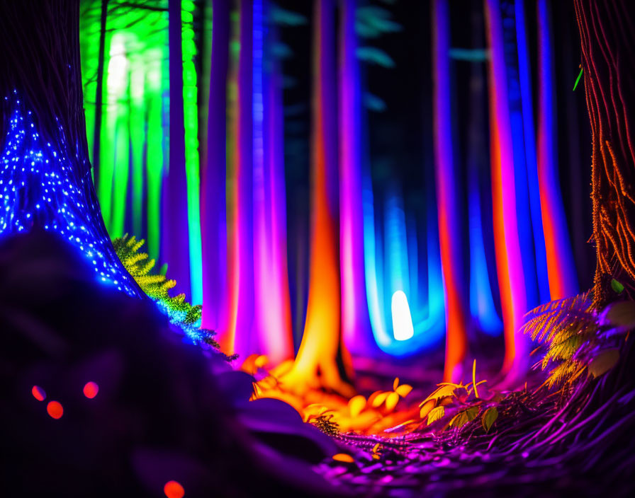 Colorful neon lights brighten mystical forest setting