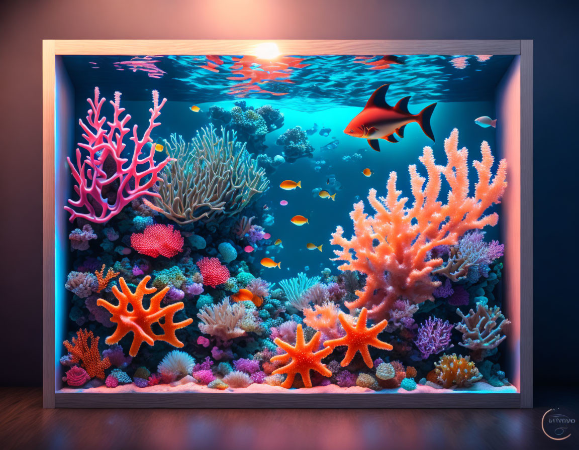 Colorful Coral Aquarium with Orange Shark in Blue Ocean