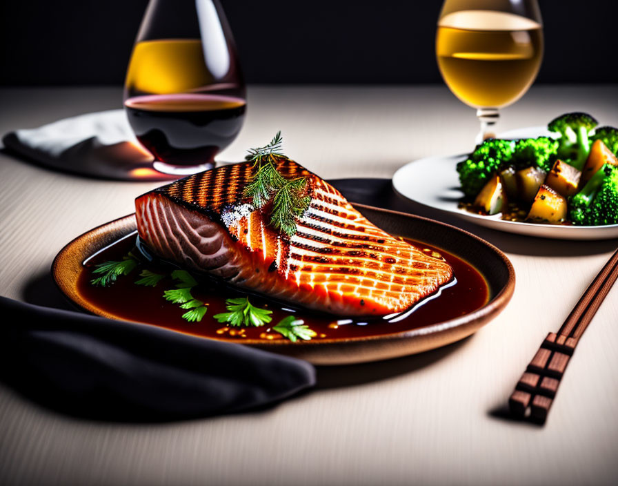 Freshly Grilled Salmon Fillet with Herb Garnish, Vegetables, and Wine Glasses