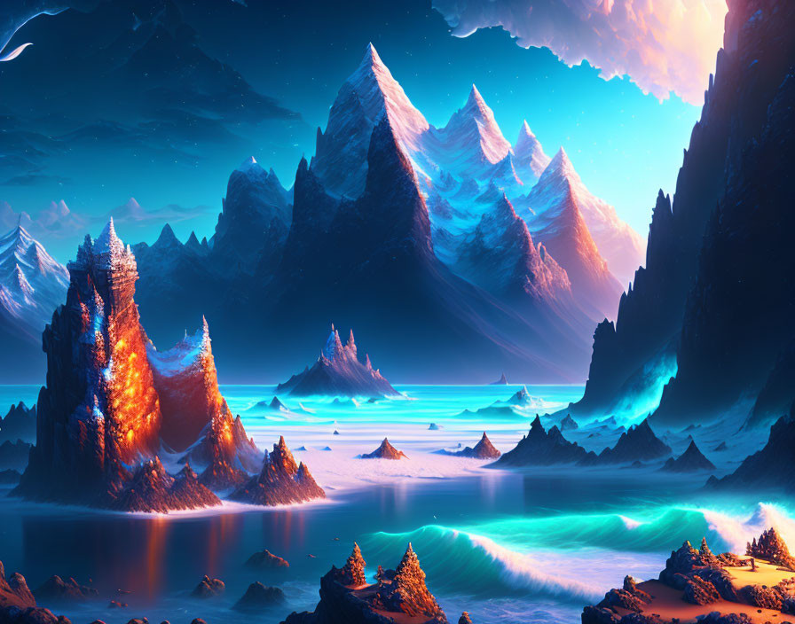 Vibrant digital art: Glowing orange trees, blue seas, snow-capped mountains.