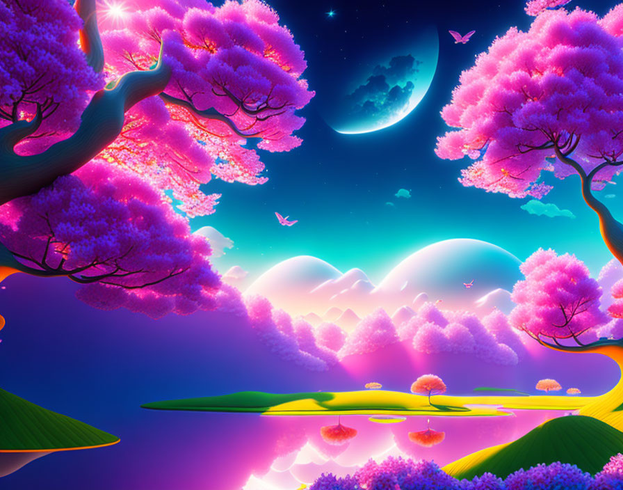 Fantasy Landscape with Pink Cherry Blossom Trees and Crescent Moon