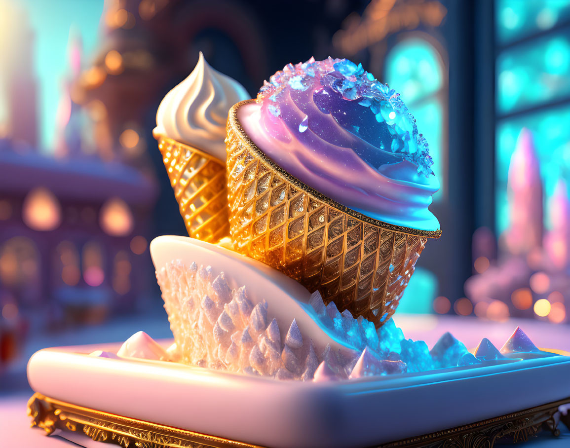 Whimsical image of two ice cream cones with purple scoops on crystal platter