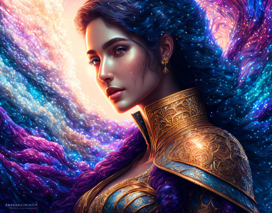 Digital portrait of woman in gold armor with cosmic blue and purple hair