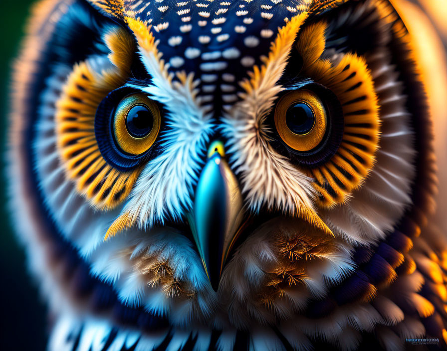 Colorful Owl with Yellow Eyes and Blue Beak in Close-up Shot